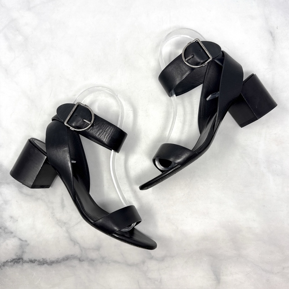 Saint Laurent Charlie 55 Leather Ankle Wrap Strap Buckle Low Block Heel Sandals